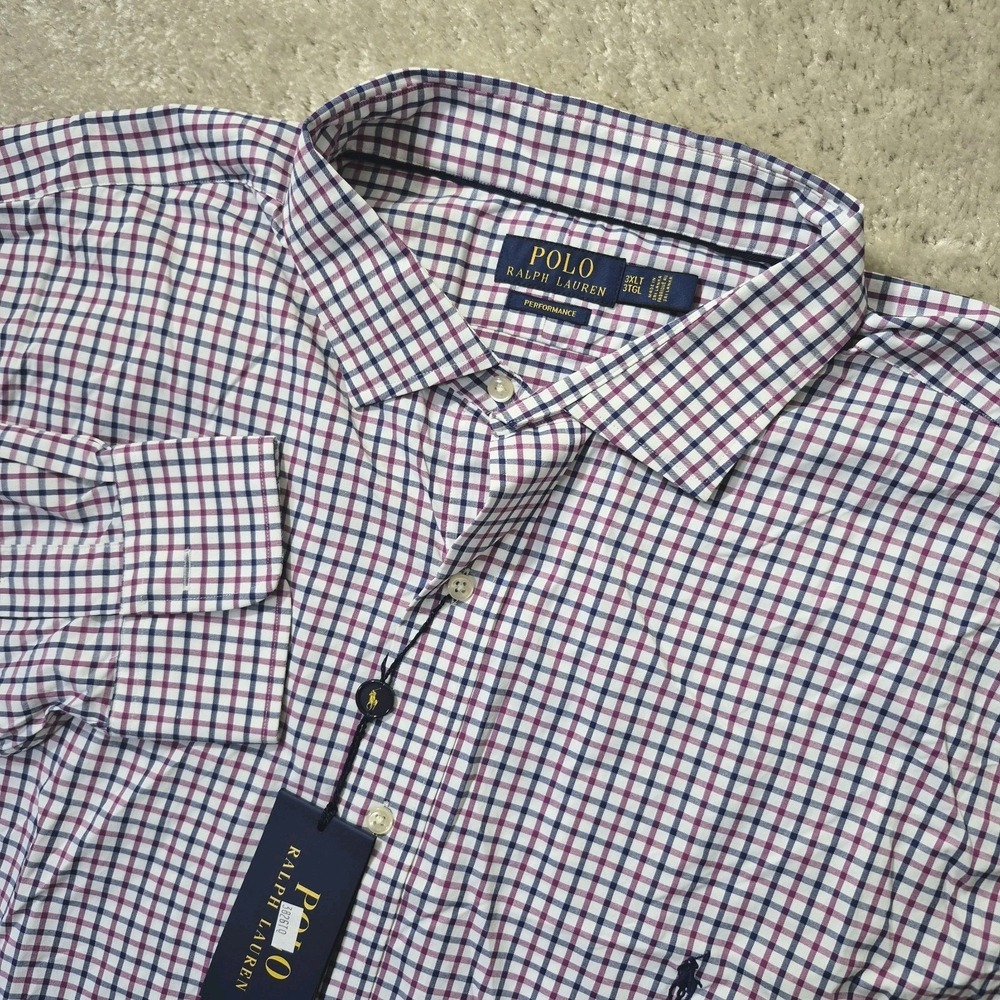 Polo Ralph Lauren Performance Shirt Mens 3XLT Blue Purple Check Button Up New